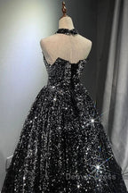 Pretty Ball Gown Strapless Black Sequin Prom Dresses Evening Dresses