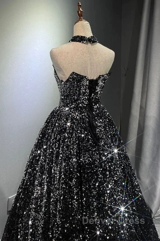 Pretty Ball Gown Strapless Black Sequin Prom Dresses Evening Dresses