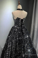 Pretty Ball Gown Strapless Black Sequin Prom Dresses Evening Dress