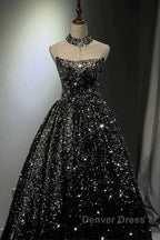 Pretty Ball Gown Strapless Black Sequin Prom Dresses Evening Dresses