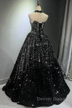 Pretty Ball Gown Strapless Black Sequin Prom Dresses Evening Dresses