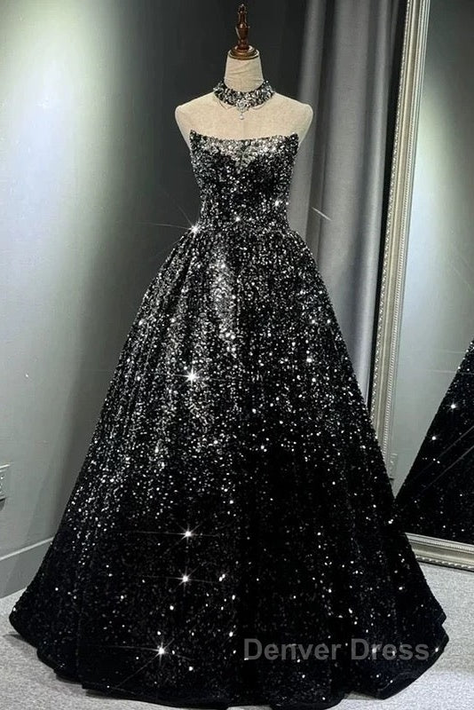 Pretty Ball Gown Strapless Black Sequin Prom Dresses Evening Dresses