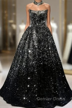 Pretty Ball Gown Strapless Black Sequin Prom Dresses Evening Dresses