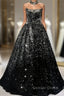 Pretty Ball Gown Strapless Black Sequin Prom Dresses Evening Dresses
