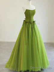 Pretty Ball Gown Strapless Bud Green Tulle Prom Dresses Evening Dress
