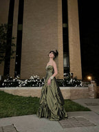 Pretty Ball Gowns Strapless Green Satin Long Prom Dresses With Silver Beads