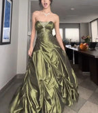 Pretty Ball Gowns Strapless Green Satin Long Prom Dresses With Silver Beads