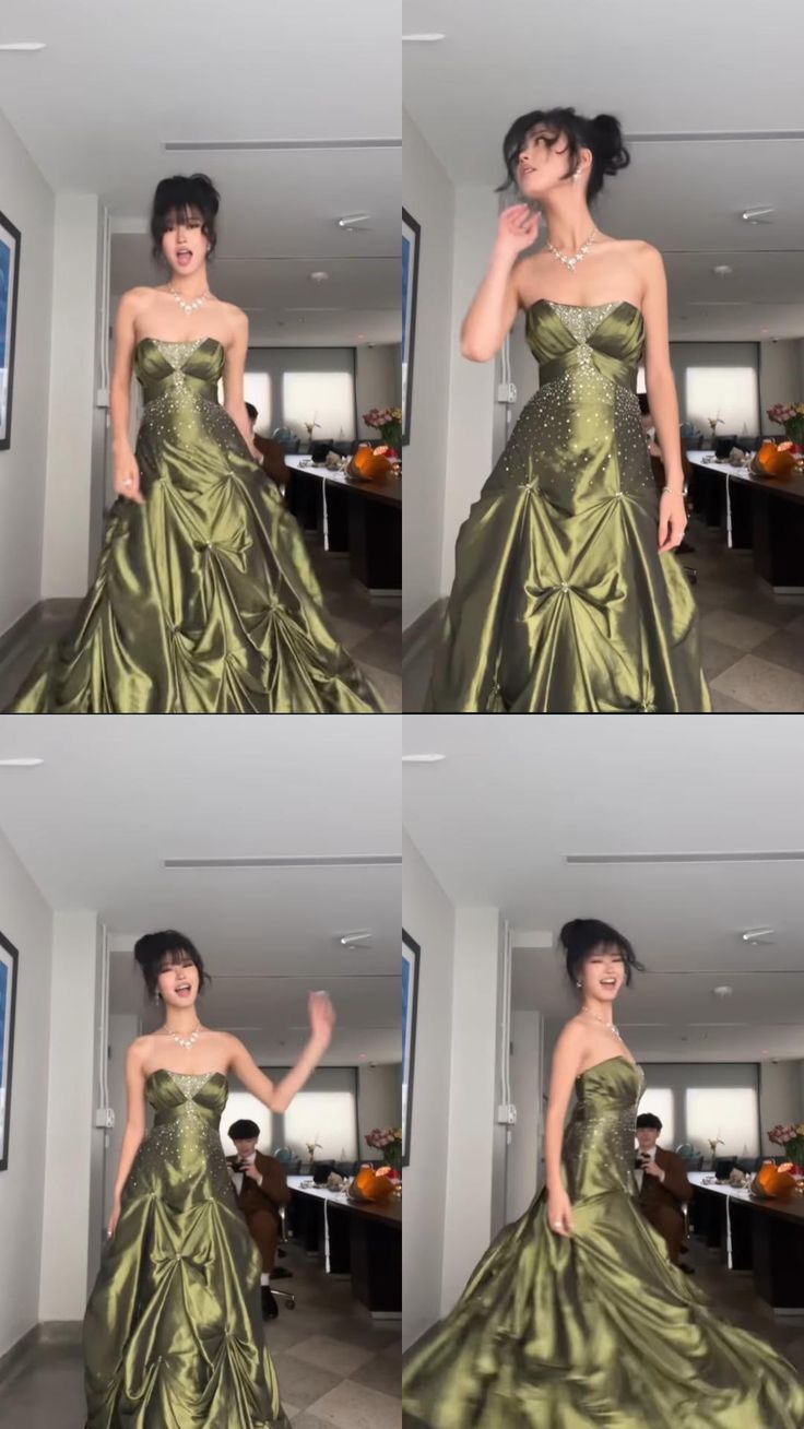 Pretty Ball Gowns Strapless Green Satin Long Prom Dresses With Silver Beads