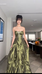 Pretty Ball Gowns Strapless Green Satin Long Prom Dresses With Silver Beads