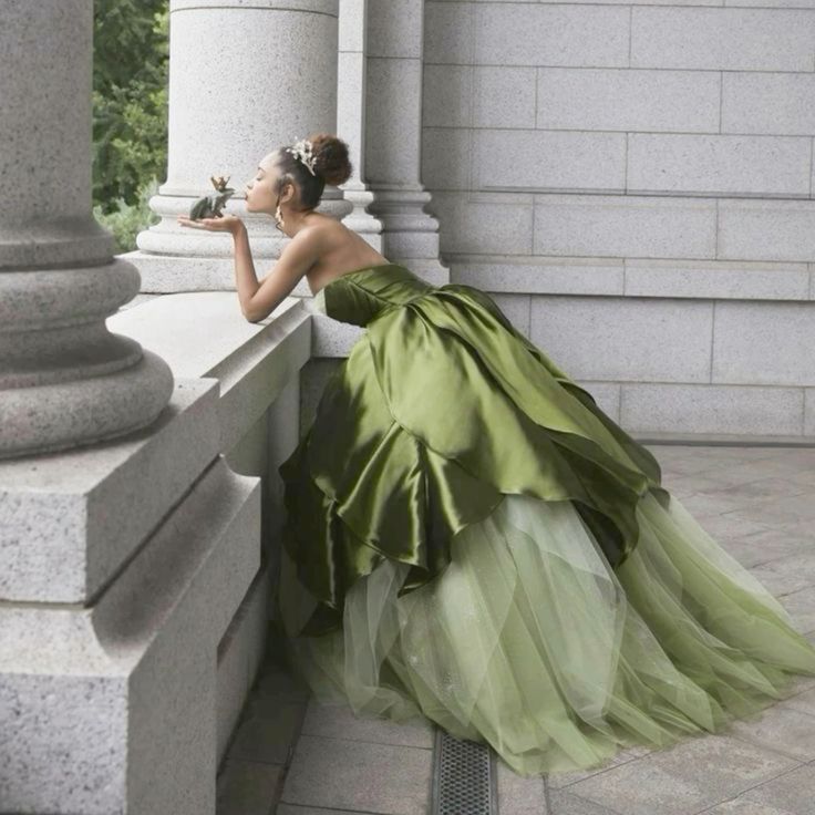 Pretty Ball Gowns Strapless Olive Green Long Satin Prom Dress Main image