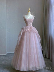 Pretty Ball Gown Strapless Pink Long Lace Prom Dresses Formal Evening Dress