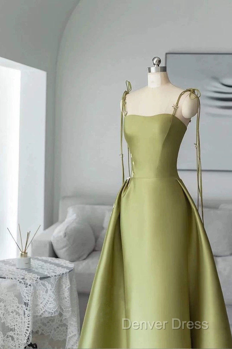 Pretty Ball Gown Straps Sage Green Satin Long Length Evening Dresses Prom Dresses Secondary image