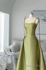Pretty Ball Gown Straps Sage Green Satin Long Length Evening Dress Prom Dresses