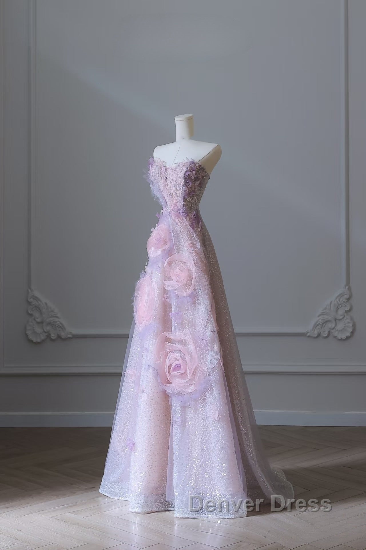 Pretty Ball Gown Sweetheart Pink Floral Tulle Long Prom Dresses Evening Gowns