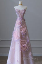 Pretty Ball Gown Sweetheart Pink Floral Tulle Long Prom Dresses Evening Gowns