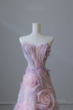 Pretty Ball Gown Sweetheart Pink Floral Tulle Long Prom Dresses Evening Gowns