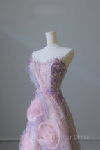 Pretty Ball Gown Sweetheart Pink Floral Tulle Long Prom Dresses Evening Gowns