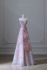Pretty Ball Gown Sweetheart Pink Floral Tulle Long Prom Dresses Evening Gowns