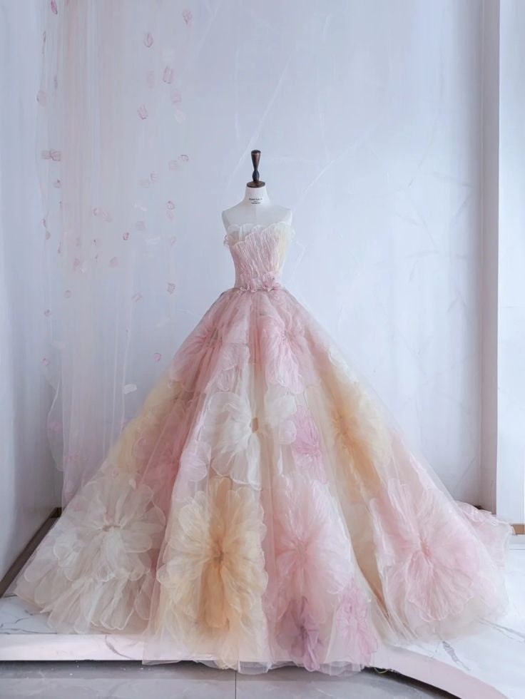 Pretty Ball Gowns Sweetheart Pink Flowers Tulle Long Quinceanera Dress Prom Short Sleeves Flowers Vestido De 15 Anos Sweet 16 Dresses Main image