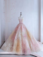 Pretty Ball Gowns Sweetheart Pink Flowers Tulle Long Quinceanera Dress Prom Short Sleeves Flowers Vestido De 15 Anos Sweet 16 Dresses