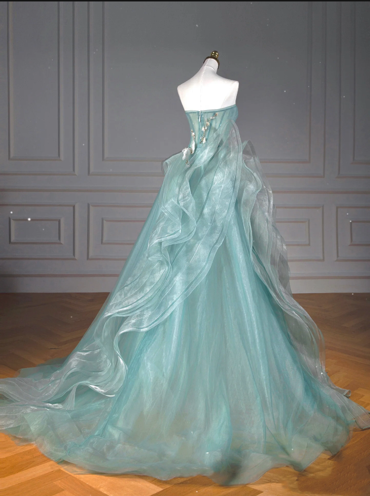 Pretty Ball Gowns Sweetheart Tulle Green Long Prom Dress With Ruffles