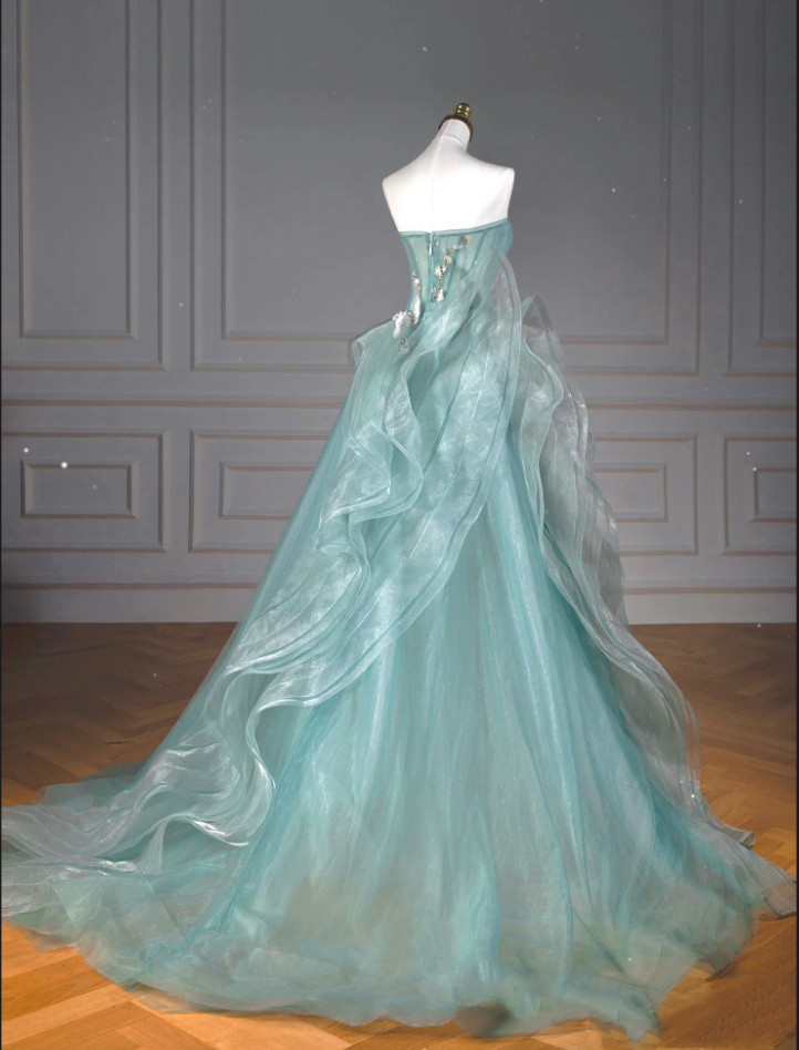 Pretty Ball Gowns Sweetheart Tulle Green Long Prom Dress With Ruffles