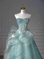 Pretty Ball Gowns Sweetheart Tulle Green Long Prom Dress With Ruffles