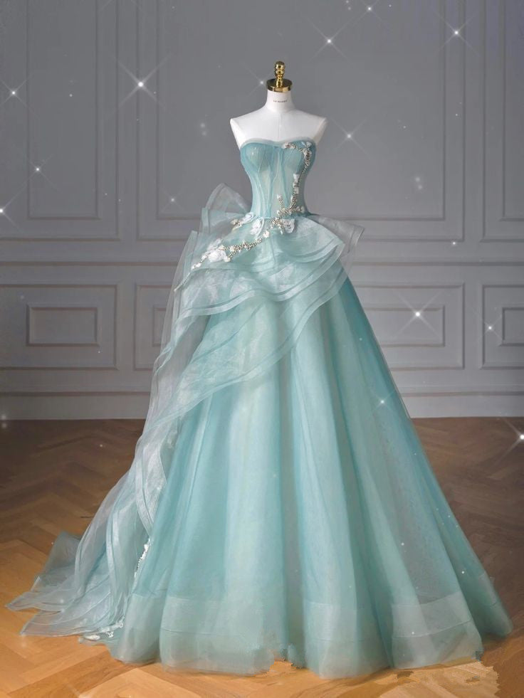 Pretty Ball Gowns Sweetheart Tulle Green Long Prom Dress With Ruffles