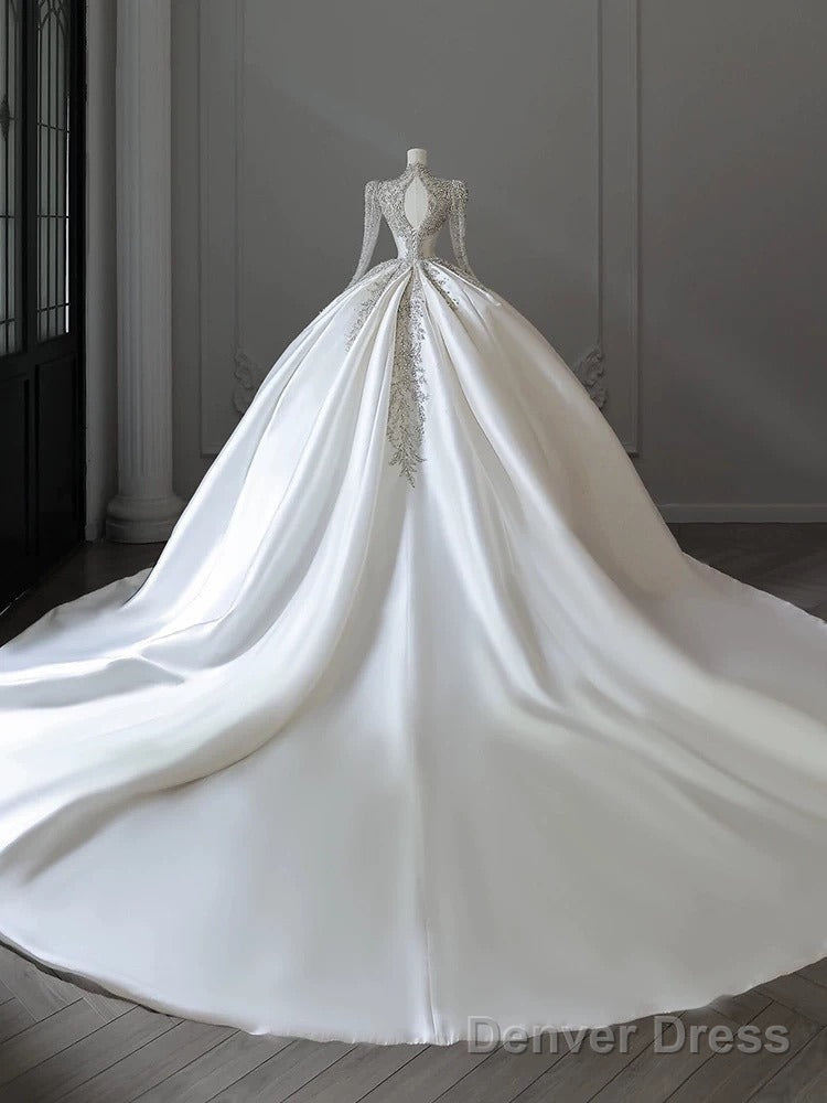 Pretty Ball Gowns V Neckline Long Sleeves Sequin White Wedding Dress Brides Dresses