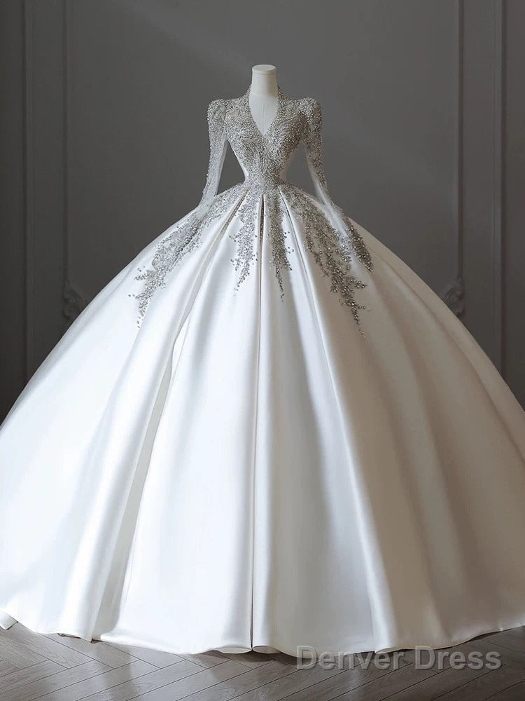 Pretty Ball Gowns V Neckline Long Sleeves Sequin White Wedding Dress Brides Dresses Main image