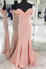 Pretty Blush Pink Mermaid V-Neck Off Shoulder Prom Dresses Long
