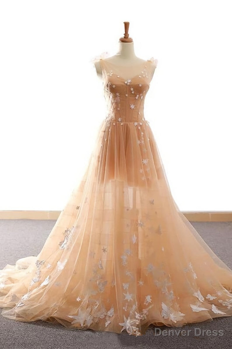 Pretty Champagne Straps Custom Tulle Prom Dress, Lace Applique Prom Dresses