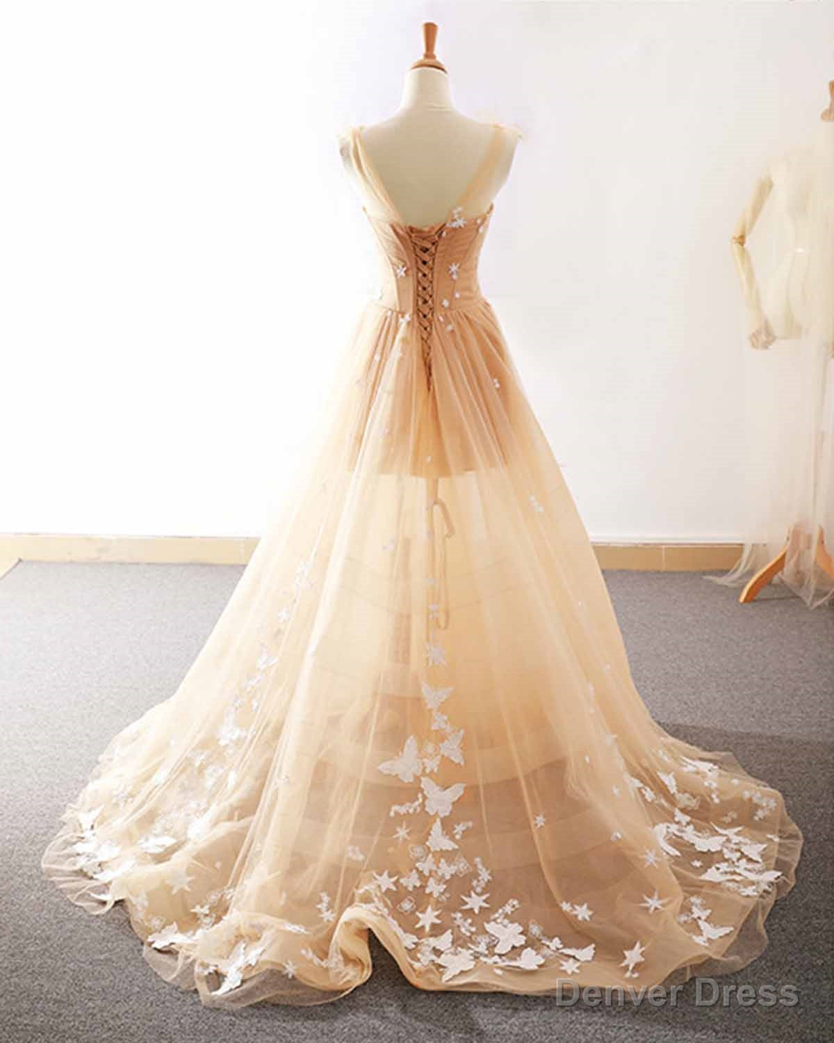 Pretty Champagne Straps Custom Tulle Prom Dress, Lace Applique Prom Dresses