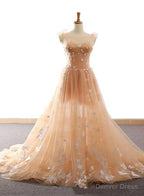 Pretty Champagne Straps Custom Tulle Prom Dress, Lace Applique Prom Dresses