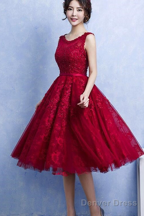 Pretty Handmade Knee Length Dark Red Lace Junior Prom Dress, Beautiful Tulle Dresses