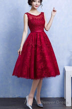 Pretty Handmade Knee Length Dark Red Lace Junior Prom Dress, Beautiful Tulle Dresses