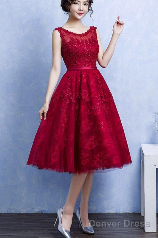 Pretty Handmade Knee Length Dark Red Lace Junior Prom Dress, Beautiful Tulle Dresses