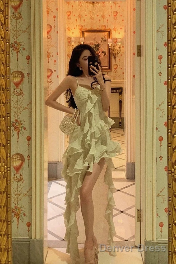 Pretty High Low Spaghetti Straps Ruffles Prom Dresses Birthday Outfits