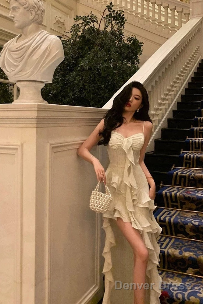 Pretty High Low Spaghetti Straps Ruffles Prom Dresses Birthday Outfits