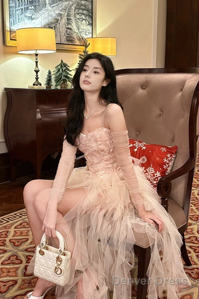 Pretty High Low Spaghetti Straps Tulle Pink Floral Ankle Length Evening Dress Prom Dresses Secondary image