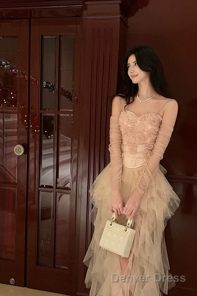 Pretty High Low Spaghetti Straps Tulle Pink Floral Ankle Length Evening Dress Prom Dresses