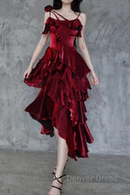Pretty Irregular Ruffled Spaghetti Straps Burgundy Prom Dresses With Detachable Rose Long Birthday Dresses For Women
