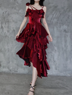Pretty Irregular Ruffled Spaghetti Straps Burgundy Prom Dress With Detachable Rose Long Birthday Dresses For Women