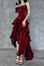 Pretty Irregular Ruffled Spaghetti Straps Burgundy Prom Dresses With Detachable Rose Long Birthday Dresses For Women