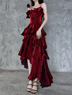 Pretty Irregular Ruffled Spaghetti Straps Burgundy Prom Dress With Detachable Rose Long Birthday Dresses For Women