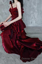 Pretty Irregular Ruffled Spaghetti Straps Burgundy Prom Dresses With Detachable Rose Long Birthday Dresses For Women