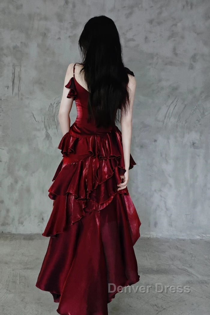 Pretty Irregular Ruffled Spaghetti Straps Burgundy Prom Dresses With Detachable Rose Long Birthday Dresses For Women