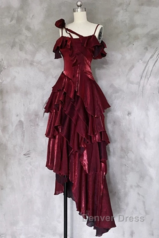 Pretty Irregular Ruffled Spaghetti Straps Burgundy Prom Dress With Detachable Rose Long Birthday Dresses For Women