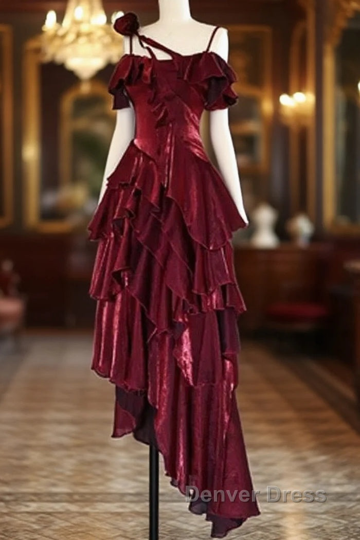 Pretty Irregular Ruffled Spaghetti Straps Burgundy Prom Dresses With Detachable Rose Long Birthday Dresses For Women Main image