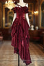 Pretty Irregular Ruffled Spaghetti Straps Burgundy Prom Dresses With Detachable Rose Long Birthday Dresses For Women
